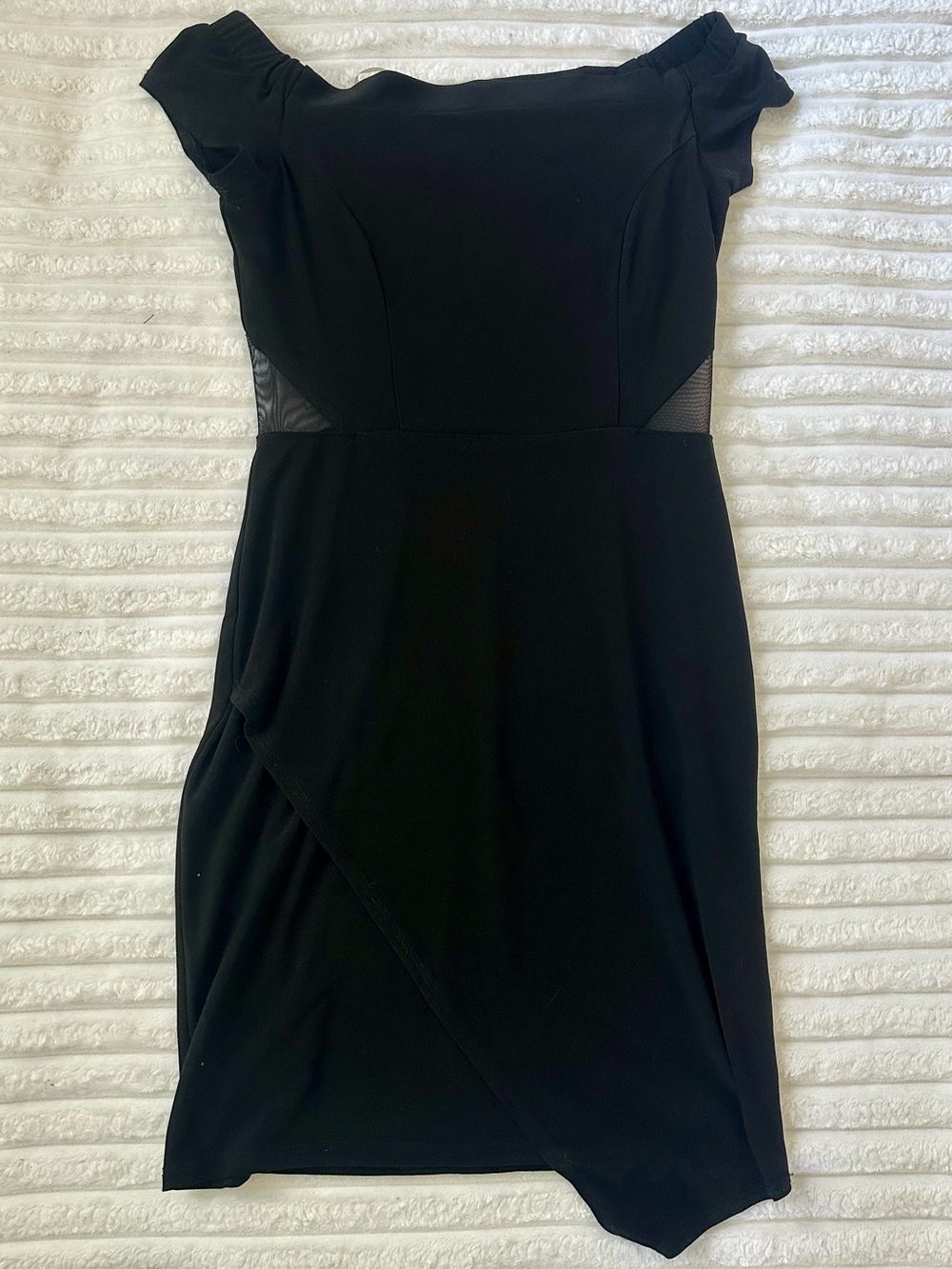 bebe Black Off-Shoulder Mini Dress with Mesh Insets